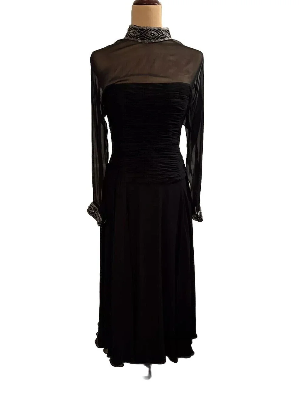 Niteline Size 14 Della Roufogali Formal Evening Black Chiffon Silk Beaded Dress